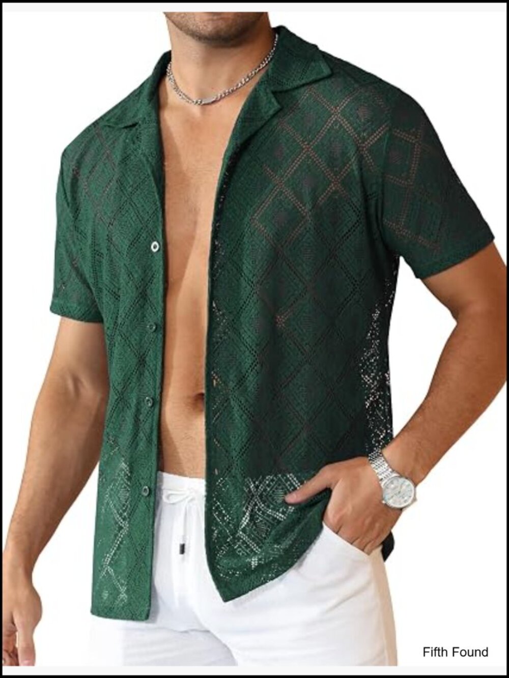 Men's Sheer Lace Button Down Shirt Hollow Out Short Sleeve Casual Beach Shirt - Picture 1 of 7